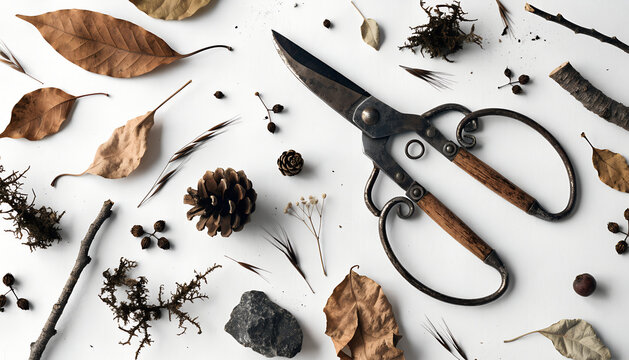 Autumn nature flat lay with vintage gardening shears, dried leaves, and forest elements on white.
