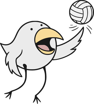 Funny cartoon chicken playing volleyball draw