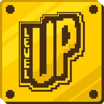 Modern pixelated golden metallic box icon featuring a level up message, symbolizing gaming progress and achievement.
