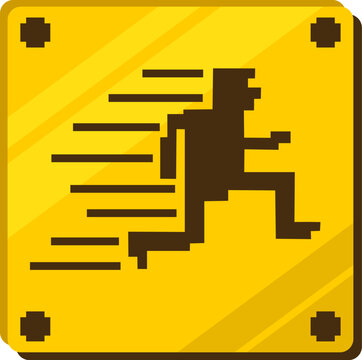 Pixelated golden metallic box icon featuring a running man, symbolizing fitness, speed, exercise, and athletic movement.