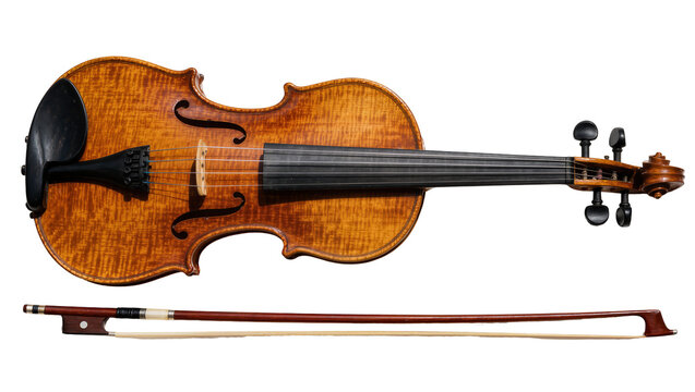 Antique wooden violin with dark ebony fingerboard and bow, isolated on transparent background