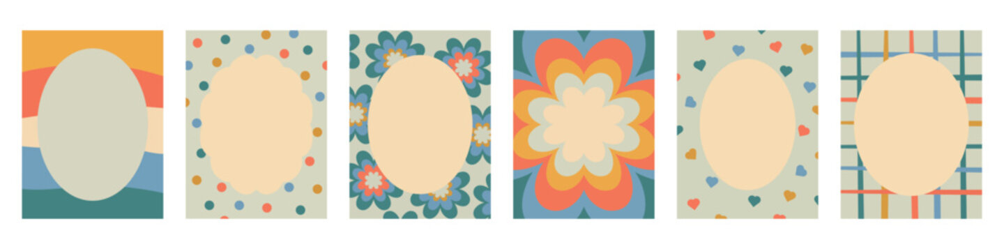 Retro Oval Frame Background Set Vector Illustration Card Template 70s Style