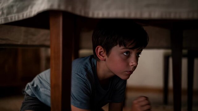 Boy hiding under dining table during game at home. Child crawling out on wooden floor while playing hide and seek indoors. Eye level view with tilt down movement.