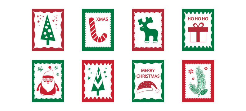 Christmas vintage frame stamp, holiday postage letter. Xmas retro border, winter cute sticker. Red and green New Year old decoration, season greeting card set isolated on white bg. Vector illustration