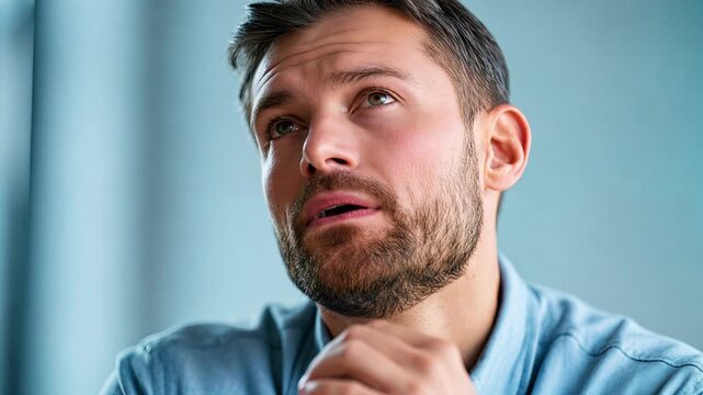 Pensive worker resting chin on hand while contemplating decision indoors. Thoughtful male professional brainstorming creative strategy. Subtle panning close-up shot.