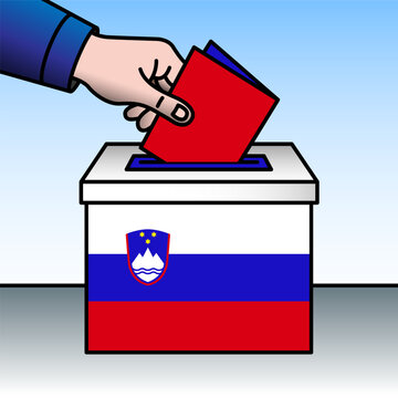 Slovenia, ballot box, flag and hand inserting a ballot paper into a ballot box, vector illustration