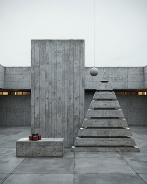 Minimalist concrete Christmas tree in a brutalist courtyard with hanging bauble and small red gift