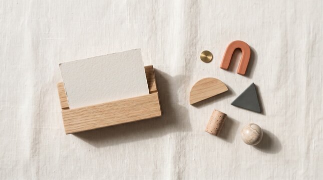 Blank card in wooden holder with geometric shapes