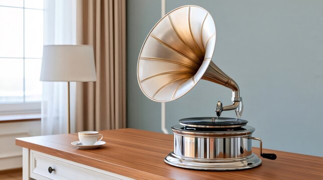 Vintage gramophone with brass horn in a bright living room