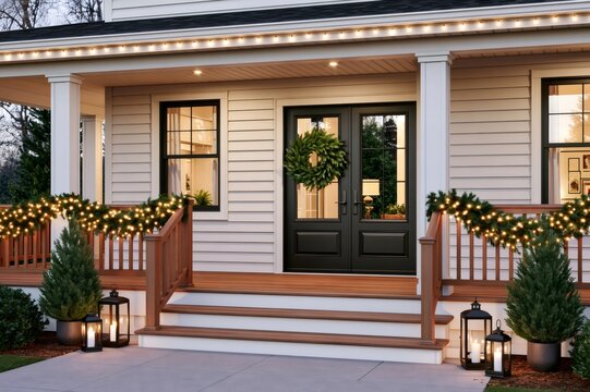 Christmas-decorated house porch glowing with lights and evergreen garlands