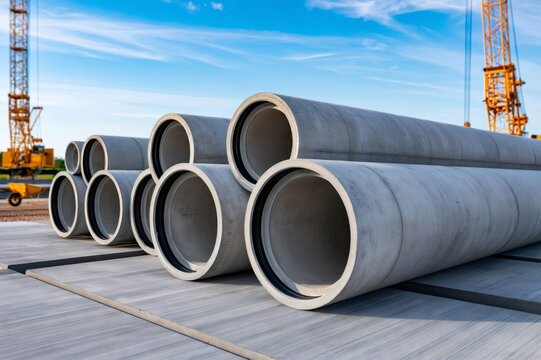Concrete drainage pipes stored at a construction site for infrastructure projects