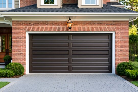 Brick suburban home with dark double garage door