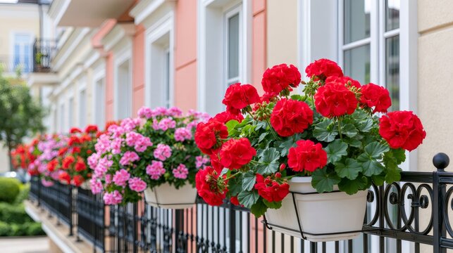 Red geraniums and pink flowers lining an urban balcony
