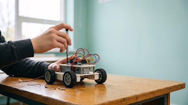 A student carefully assembles a small autonomous robot in a classroom during a STEM lesson