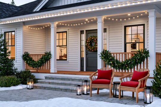 Christmas porch glowing with wreaths, garlands and warm holiday lights