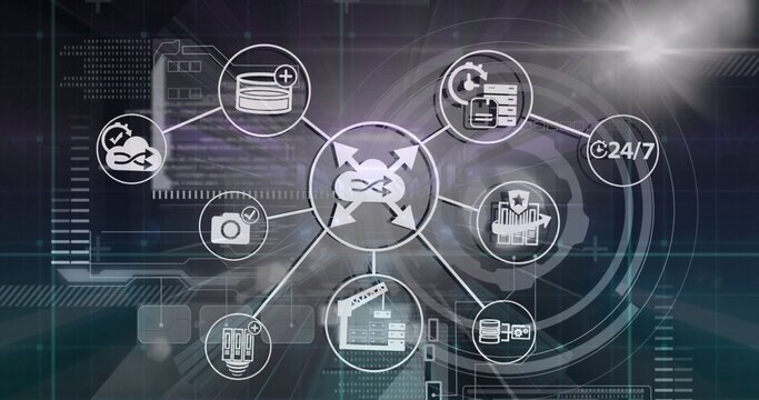 Central cloud icon linking circular data, clock and camera symbols across dark blue digital grid