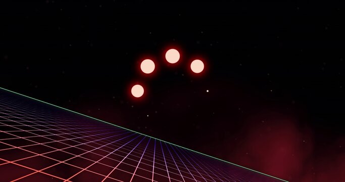 Four glowing pink-red orbs forming cluster above neon grid stretching toward green horizon