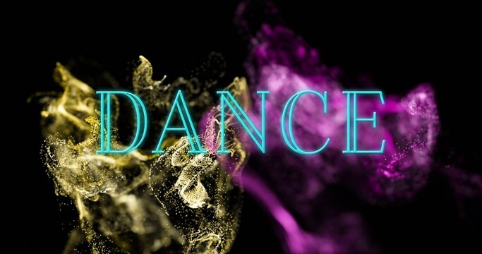Cyan DANCE letters floating over billowing yellow and magenta powder clouds on black backdrop