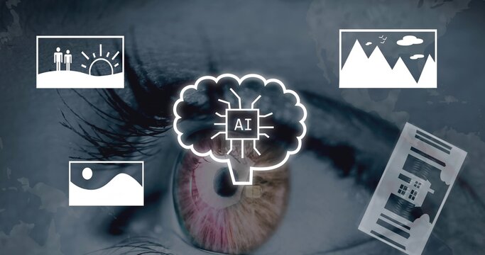 Eye showing brain outline containing AI surrounded by four icon panels, backdrop, copy space