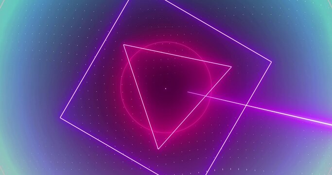 Glowing neon square triangle framing circle with diagonal beam crossing purple gradient, copy space