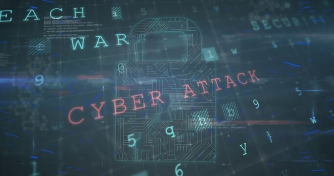 Padlock outline surrounded by red CYBER ATTACK text and teal WAR lettering on dark digital backdrop