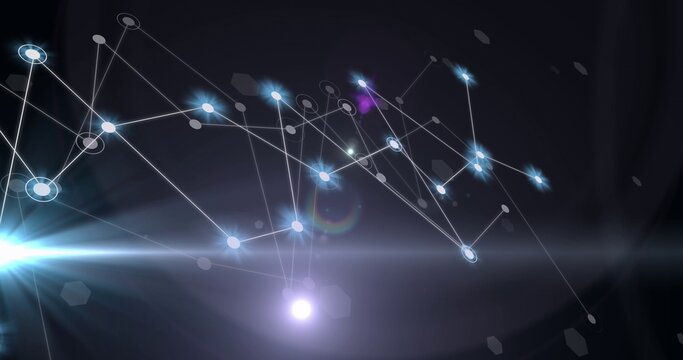 Glowing nodes linking by thin lines across dark backdrop while bright lens flares shining