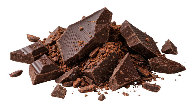 Broken dark chocolate chunks and cocoa powder pile