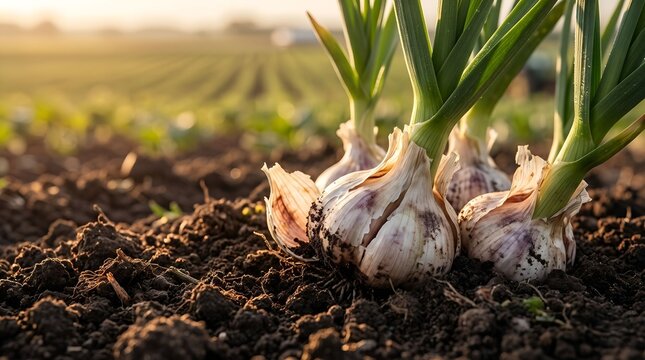 Fresh garlic bulbs harvesting in field, organic farming and agriculture concept 

