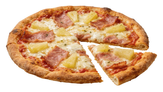 Hawaiian pizza with ham and pineapple chunks on thin crust with melted cheese