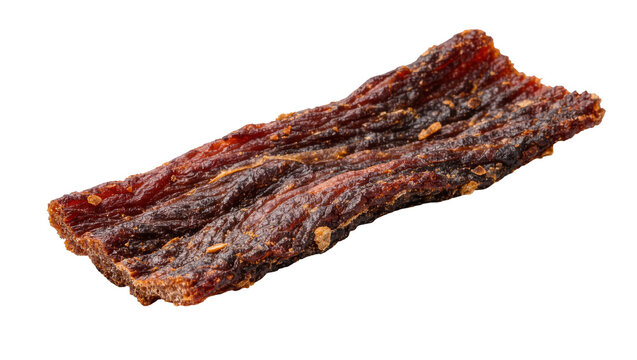 Thin strip of seasoned dried beef jerky with visible spice granules