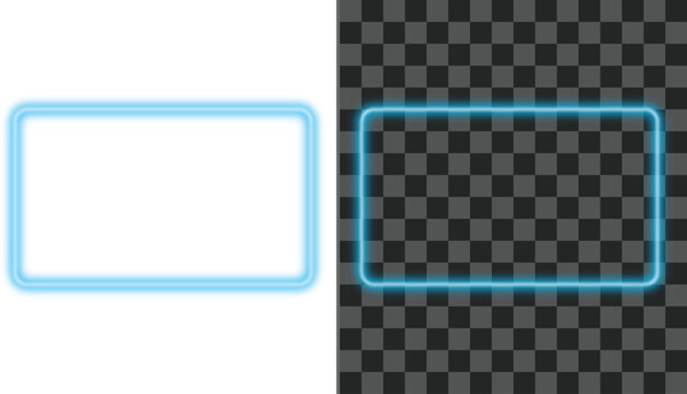 Blue Neon Rectangle Frame with Glowing Electric Light Border and Rounded Corners on White and Transparent Background for Futuristic Digital Design and Web Templates