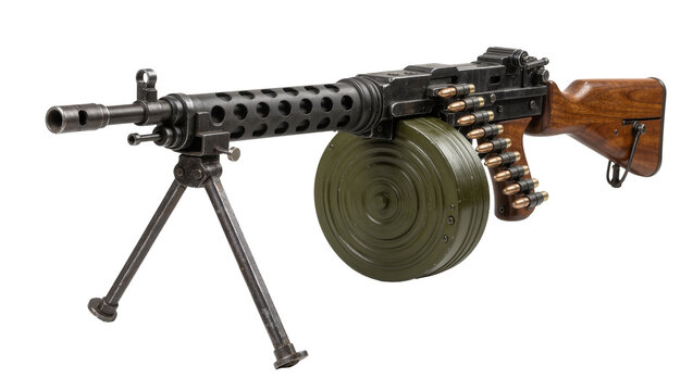 Vintage RPD light machine gun with wooden stock and drum magazine