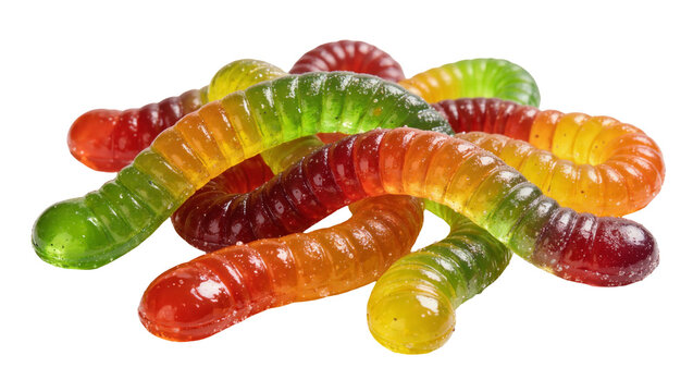 Multicolor gummy worms candy pile with translucent texture