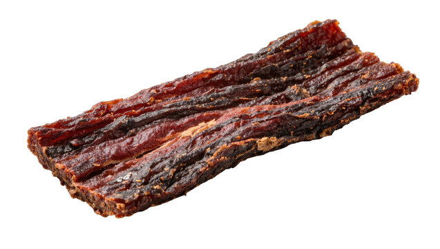 Dark brown seasoned beef jerky strip with textured surface