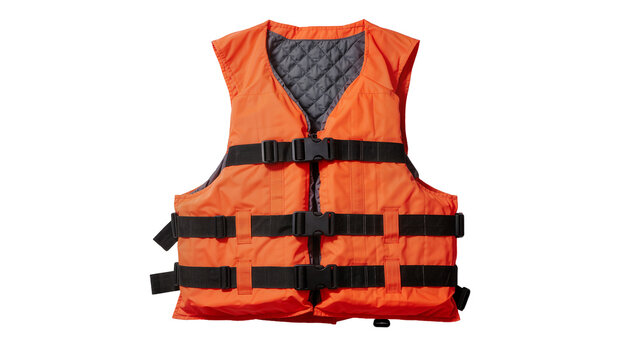 Bright orange life vest with black buckles and quilted grey lining, isolated on transparent background
