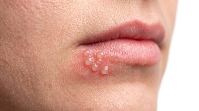 Extreme close up of a woman's lower lip with a painful herpes simplex virus blister infection