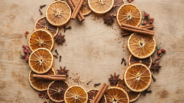 Festive wreath made of dried citrus slices cinnamon sticks and natural elements