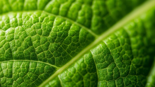 Fresh green leaf texture with detailed veins and diagonal lines, captured in bright selective focus with vivid spring colors, creating a natural organic background for botanical eco friendly designs