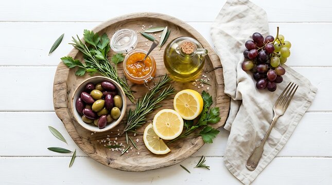 Mediterranean appetizer spread with wine olives grapes and lemon on a wooden board