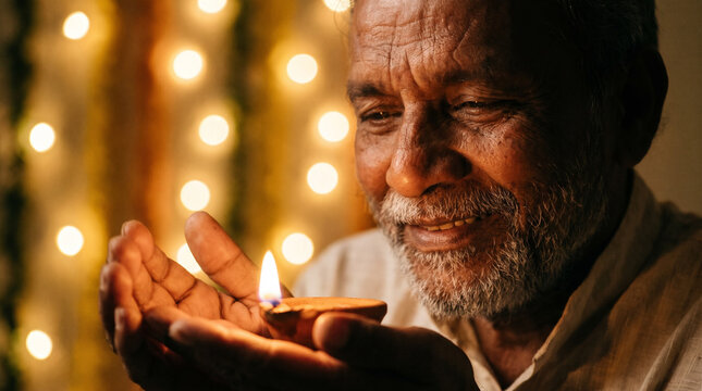 Warm Portrait Illuminated by a Traditional Indian Oil Lamp