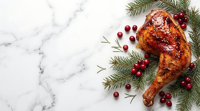 Roasted turkey with cranberries and festive greenery on marble background
