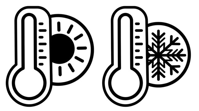 Two thermometers indicating hot and cold temperatures, one next to a sun symbol and the other next to a snowflake symbol.