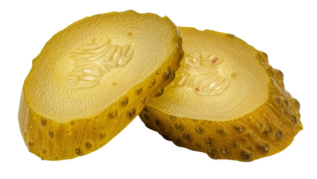 Two dill pickle slices with visible seeds and bumpy texture, isolated on transparent background