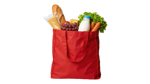 Red fabric shopping bag filled with fresh groceries and food products