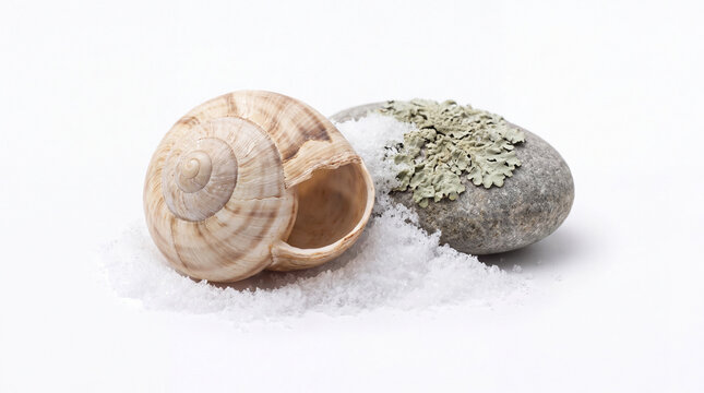 Empty snail shell beside snow and lichen-covered stone isolated on white background.