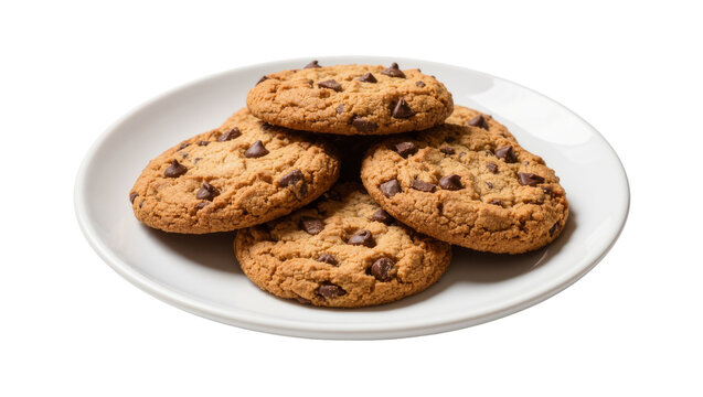Stack of round chocolate chip cookies on a white ceramic plate