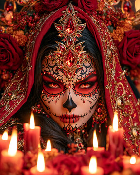 mysterious woman with traditional mexican sugar skull makeup, ornate floral headdress, roses and burning candles celebrating dia de los muertos, cultural posters, festival invitations and halloween