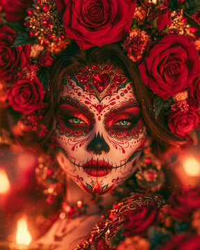 mysterious woman with traditional mexican sugar skull makeup, ornate floral headdress, roses and burning candles celebrating dia de los muertos, cultural posters, festival invitations and halloween