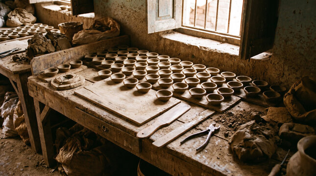 Indian Artisan Workshop with Handmade Festival Oil Lamps