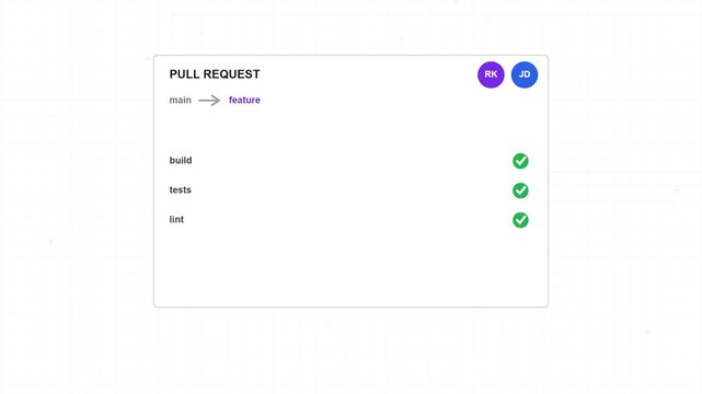 Motion Graphic Animation of a Software Pull Request Workflow Showing Automated Tests Approval and Final Code Merge Process